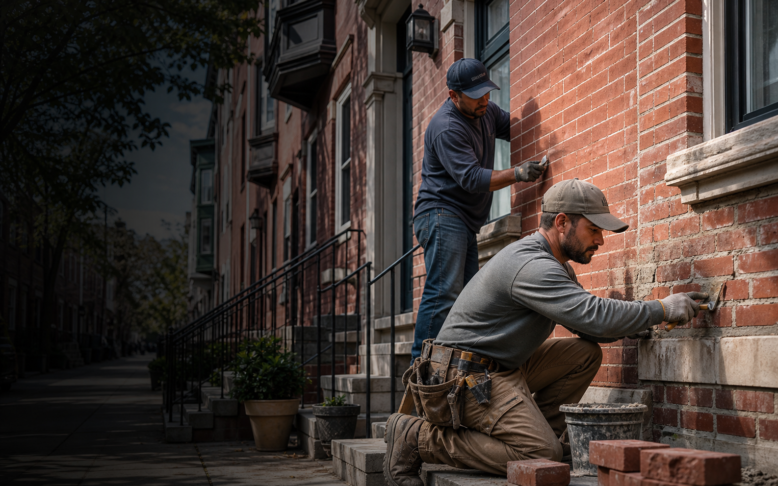 Historic Philadelphia rowhomes with brick masonry facades