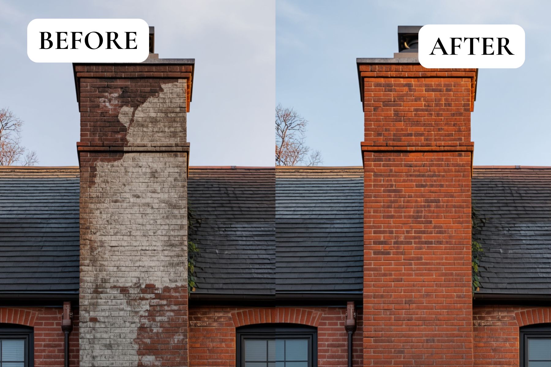 Before and after Philadelphia chimney masonry repair with cleaned brickwork